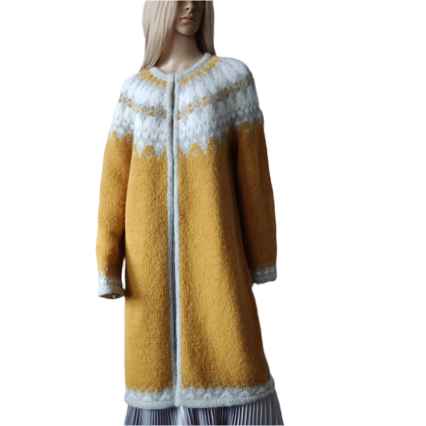 A mustard yellow and gray patterned sweater Jacket with Frog Snaps Closure