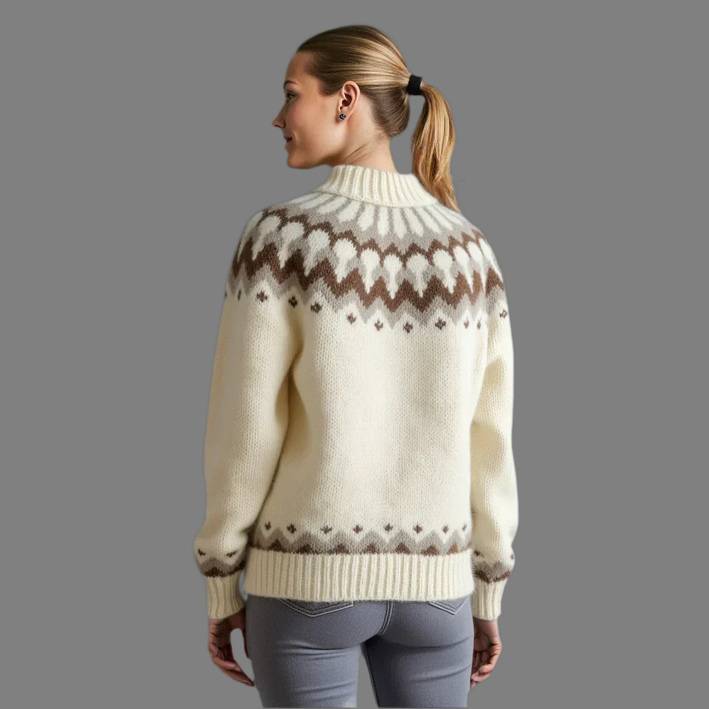 Hand-knitted white oversized unisex Scandinavian Lopapeysa sweater with a chunky-knit brown and beige Nordic round yoke, featuring a double crew neck, white ribbed cuffs, and hem, made from soft hypoallergenic baby alpaca and merino wool.