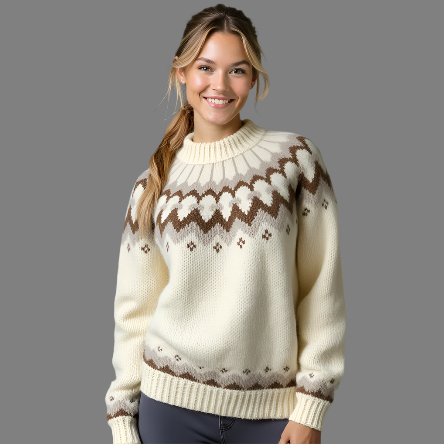 Hand-knitted white oversized unisex Scandinavian Lopapeysa sweater with a chunky-knit brown and beige Nordic round yoke, featuring a double crew neck, white ribbed cuffs, and hem, made from soft hypoallergenic baby alpaca and merino wool.