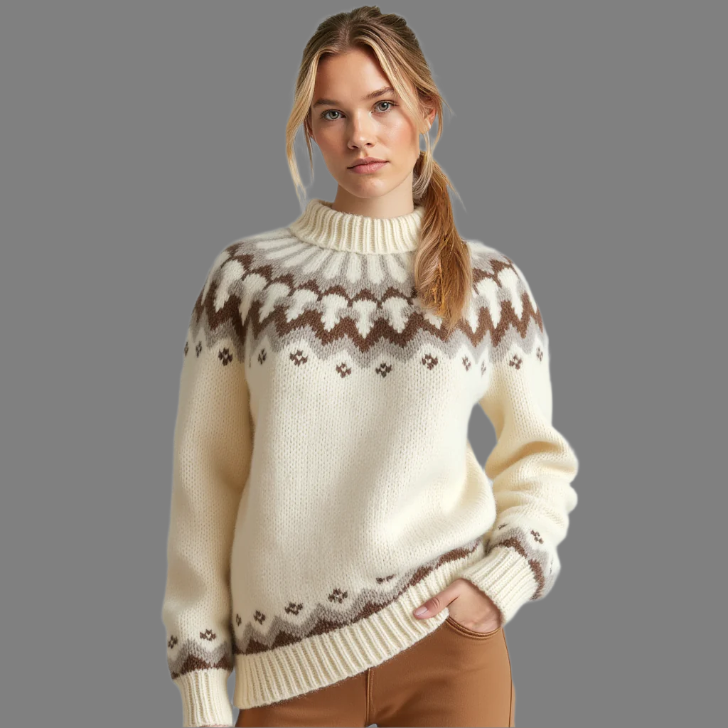 Hand-knitted white oversized unisex Scandinavian Lopapeysa sweater with a chunky-knit brown and beige Nordic round yoke, featuring a double crew neck, white ribbed cuffs, and hem, made from soft hypoallergenic baby alpaca and merino wool.