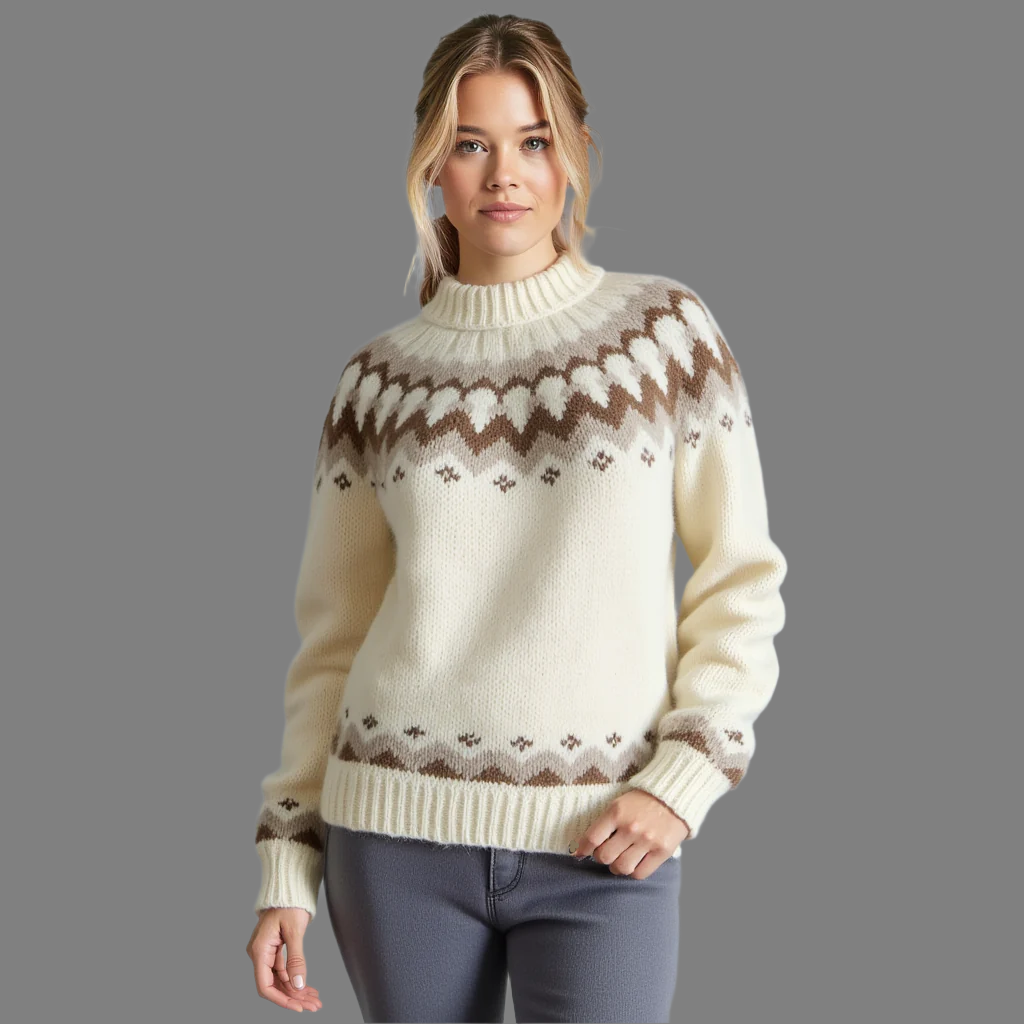 Hand-knitted white oversized unisex Scandinavian Lopapeysa sweater with a chunky-knit brown and beige Nordic round yoke, featuring a double crew neck, white ribbed cuffs, and hem, made from soft hypoallergenic baby alpaca and merino wool.