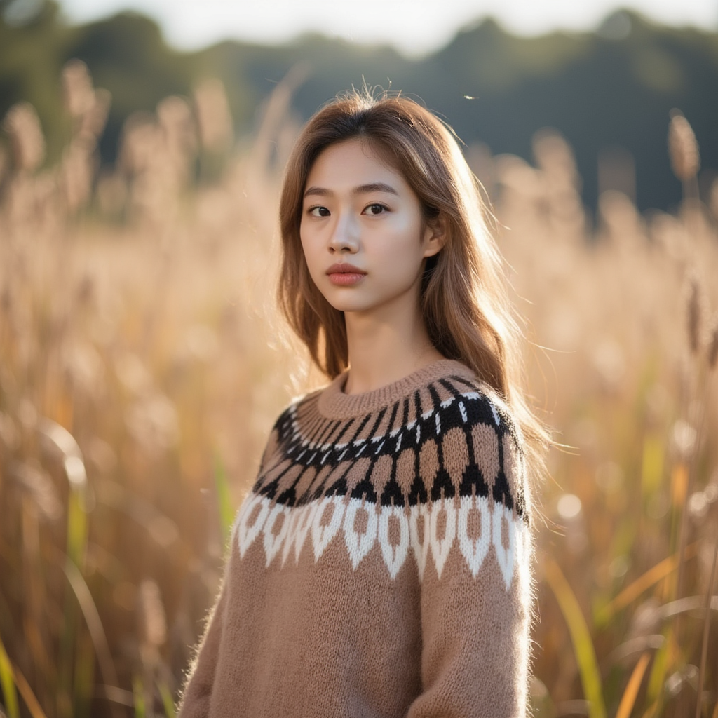 Fuzzy Scandinavian womens sweater Fair Isle Lopapeysa in Beige Tan with Nordic Style Circular patterned yoke in White, Brown and Black hand knitted of Baby Alpaca Merino wool blend by EdelWear