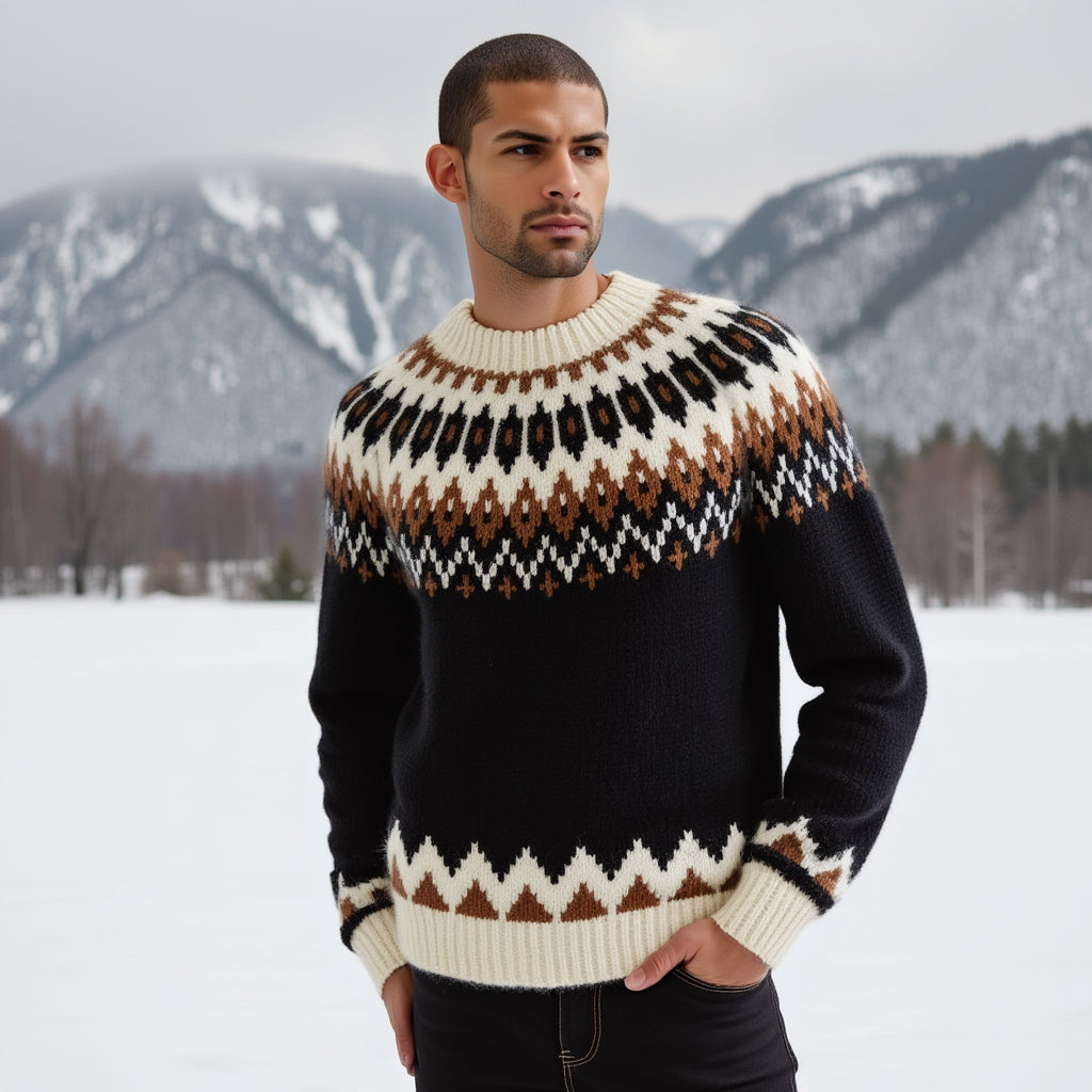 Hand-knitted black oversized unisex Scandinavian Lopapeysa sweater with a Nordic round yoke in white and taupe, featuring white ribbed cuffs, collar, made from soft hypoallergenic baby alpaca and merino wool.