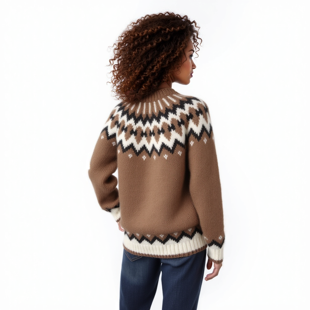Hand-knitted camel oversized unisex Scandinavian Lopapeysa sweater with a chunky-knit white and dark brown Nordic round yoke, featuring a double crew neck, ribbed cuffs, and hem, made from soft hypoallergenic baby alpaca and merino wool.