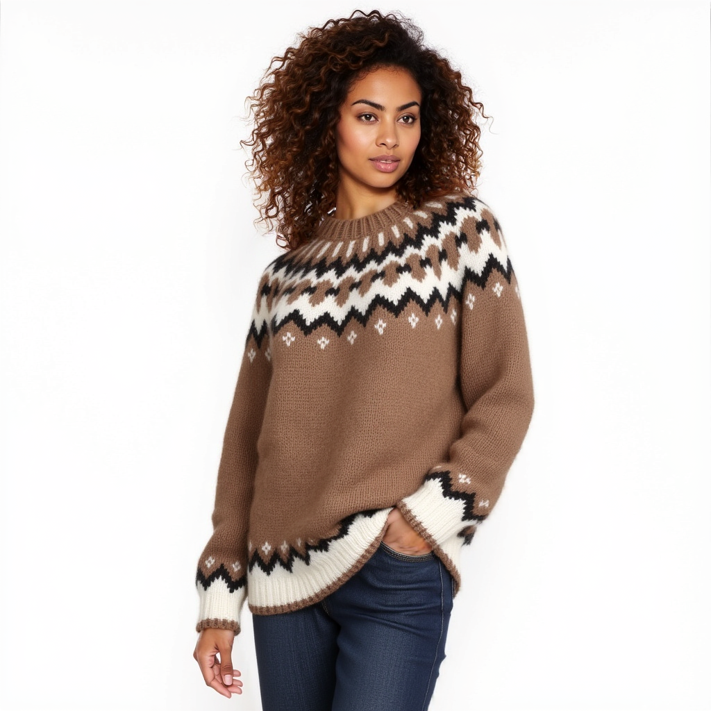Hand-knitted camel oversized unisex Scandinavian Lopapeysa sweater with a chunky-knit white and dark brown Nordic round yoke, featuring a double crew neck, ribbed cuffs, and hem, made from soft hypoallergenic baby alpaca and merino wool.