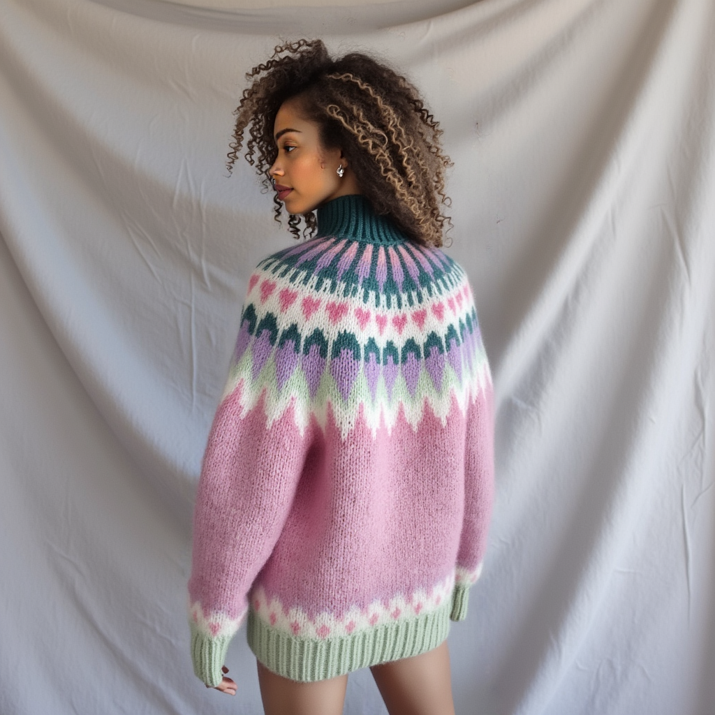 Hand-knitted pink melange women’s Scandinavian Lopapeysa sweater with a colorful Nordic round yoke in mint, lilac, teal, and white, featuring a teal mockneck ribbed collar, mint ribbed cuffs, and mint ribbed hem, made from soft hypoallergenic baby alpaca and merino wool.