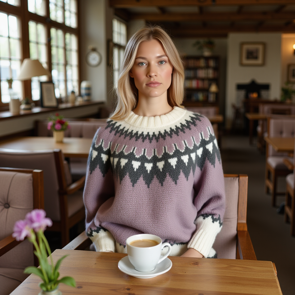 Hand-knitted lilac chunky-knit women’s Scandinavian Lopapeysa sweater with a black and white Nordic round yoke, featuring white ribbed cuffs, round collar, and hem, made from soft hypoallergenic baby alpaca and merino wool.