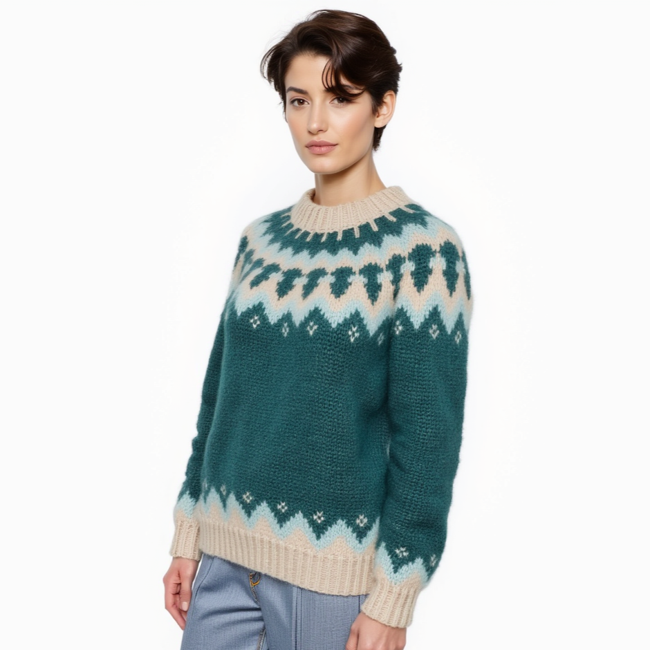 Hand-knitted teal oversized unisex Scandinavian Lopapeysa sweater with a chunky-knit beige and blue Nordic round yoke, featuring a double crew neck, beige ribbed cuffs, and hem, made from soft hypoallergenic baby alpaca and merino wool.