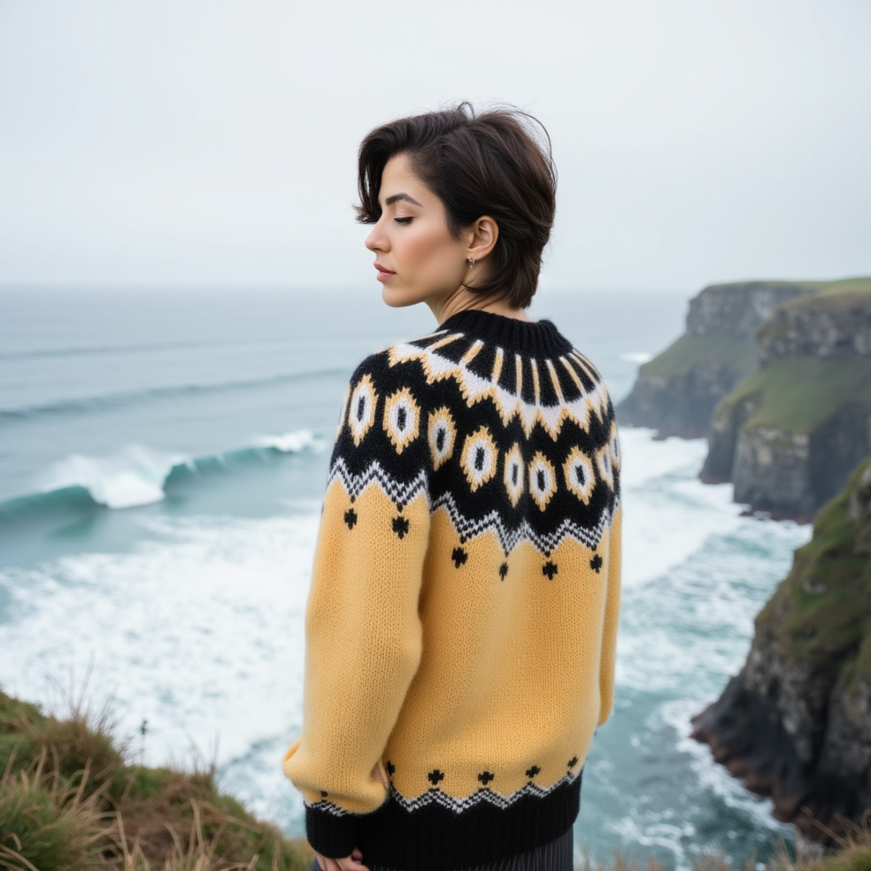 Yellow Scandinavian womens sweater Fair Isle Lopapeysa with Nordic style circular patterned yoke in Black and White hand knited of Baby Alpaca Merino wool blend by EdelWear