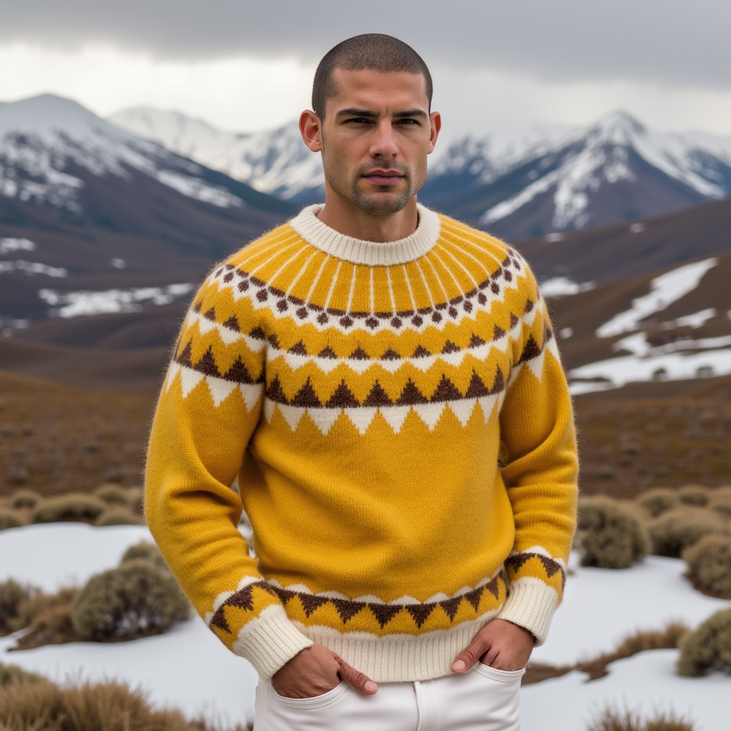 Man wearing a yellow patterned sweater standing in a snowy mountain landscape