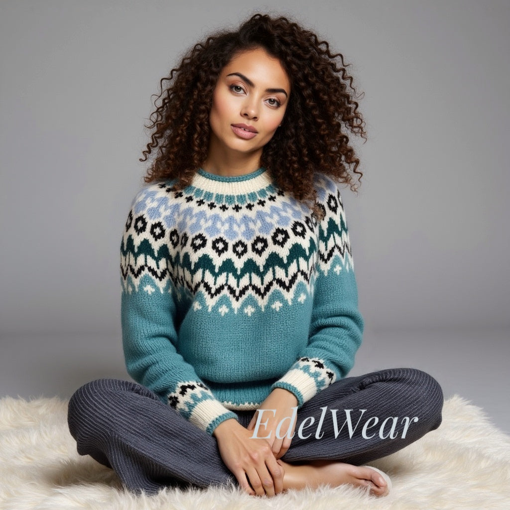 EdelWear handmade Teal Green Lopapeysa Fair Isle unisex sweater with Norwegian pattern in White / Black / Light Blue