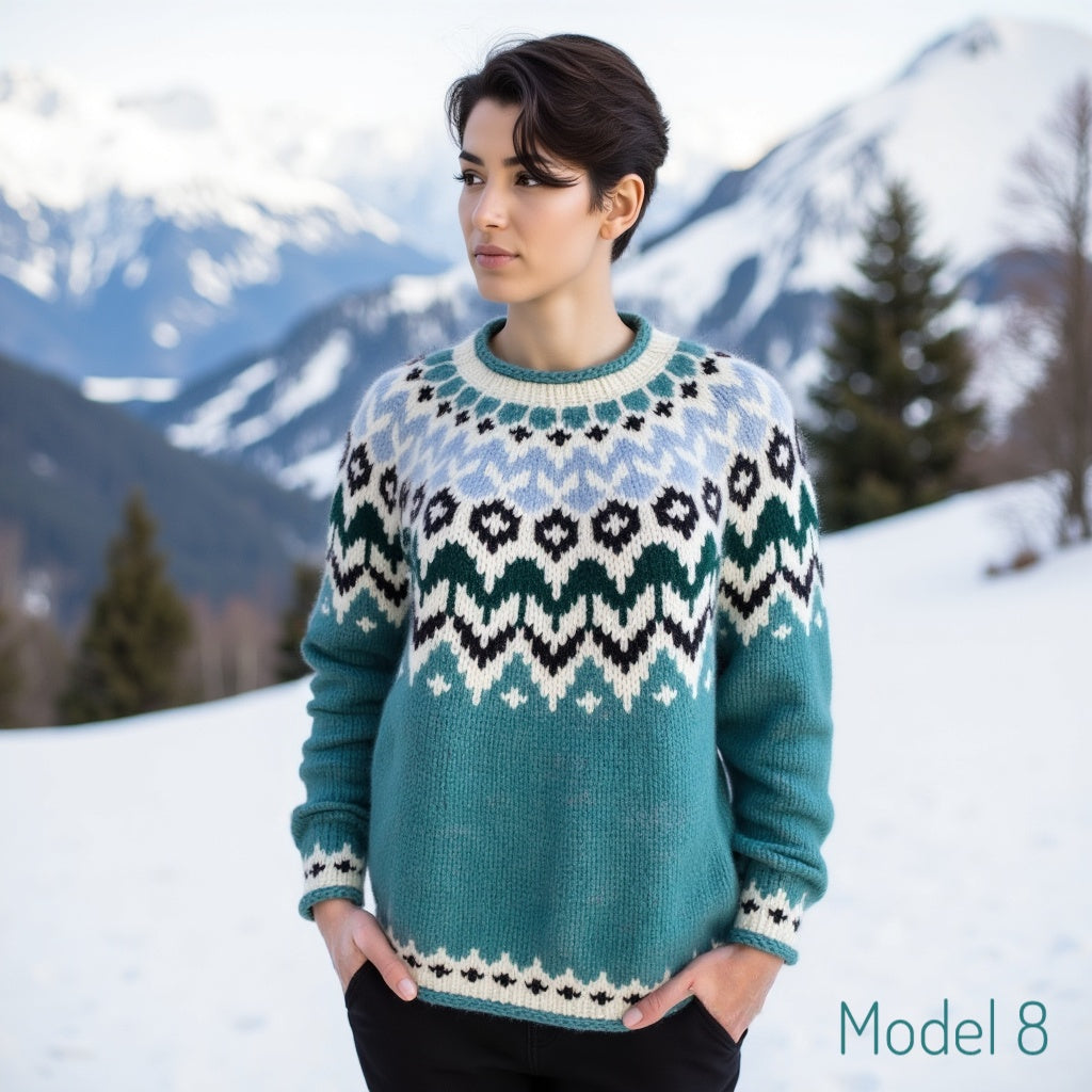 EdelWear handmade Teal Green Lopapeysa Fair Isle unisex sweater with Norwegian patterned yoke in White / Black / Light Blue