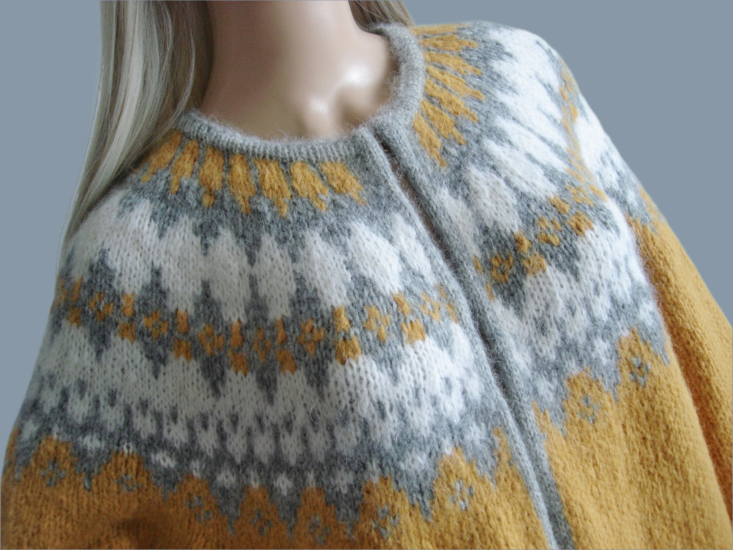 Mustard yellow and gray sweater cardigan Fair Isle with FrogClosure