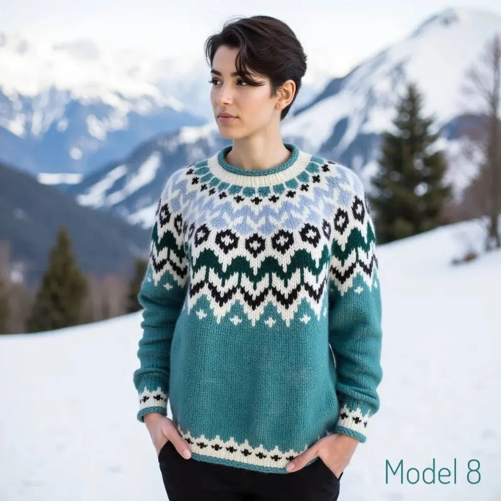 Teal Green Oversized Adults Unisex Scandinavian Lopapeysa Sweater Fair Isle Hand Knitted of Baby Alpaca / Merino - EdelWear