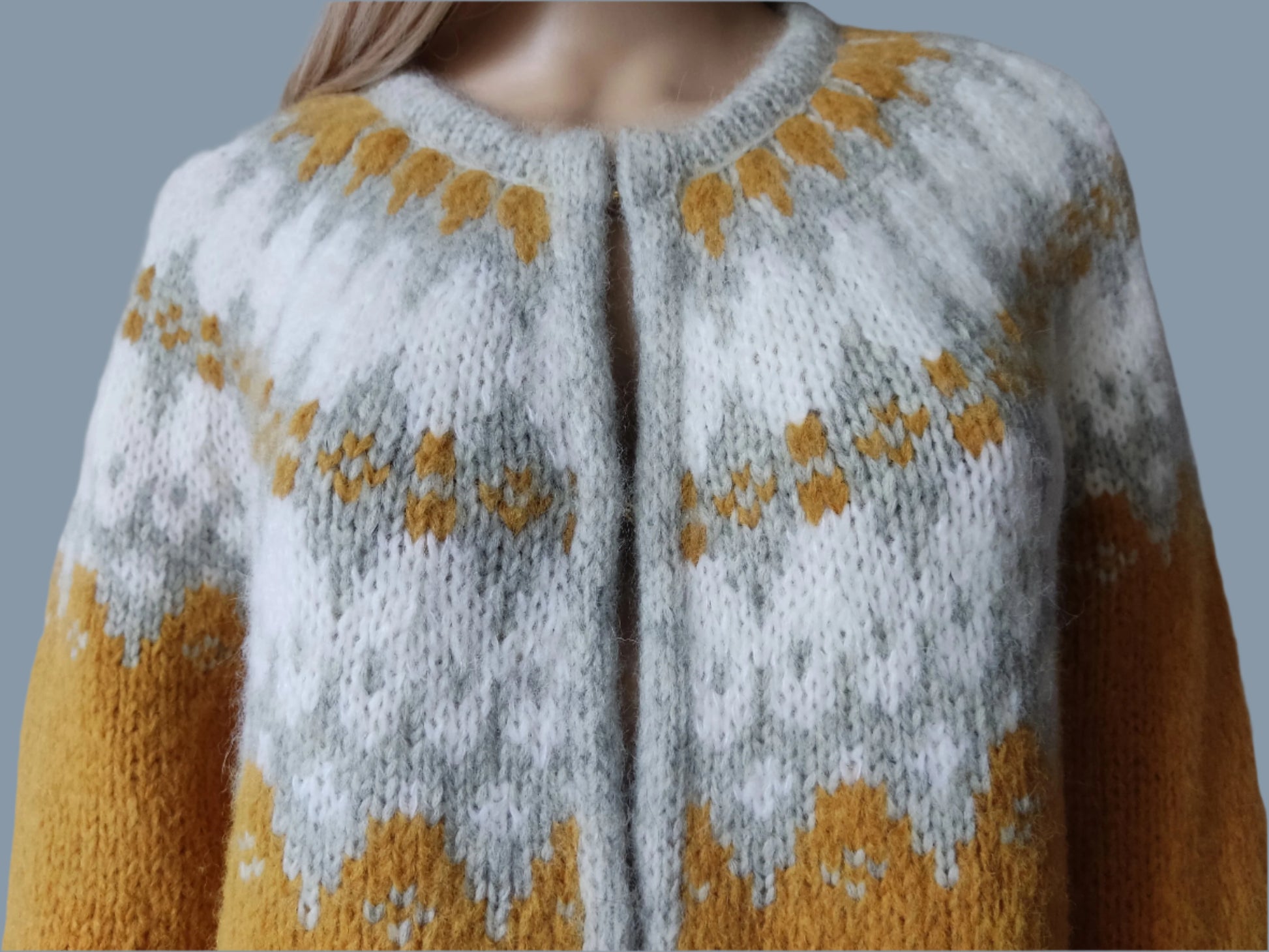 A mustard yellow and gray patterned sweater Jacket with Frog Snaps Closure