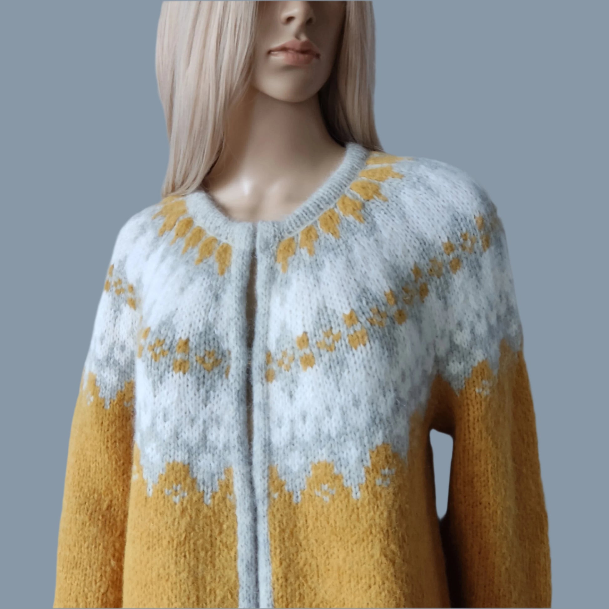 A mustard yellow and gray patterned sweater Jacket with Frog Snaps Closure