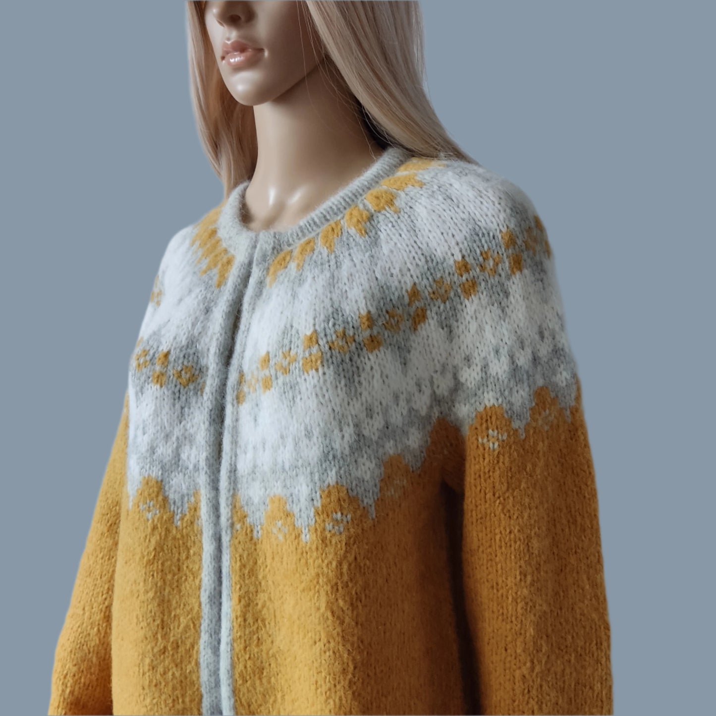 Mustard yellow and gray sweater cardigan Fair Isle with FrogClosure