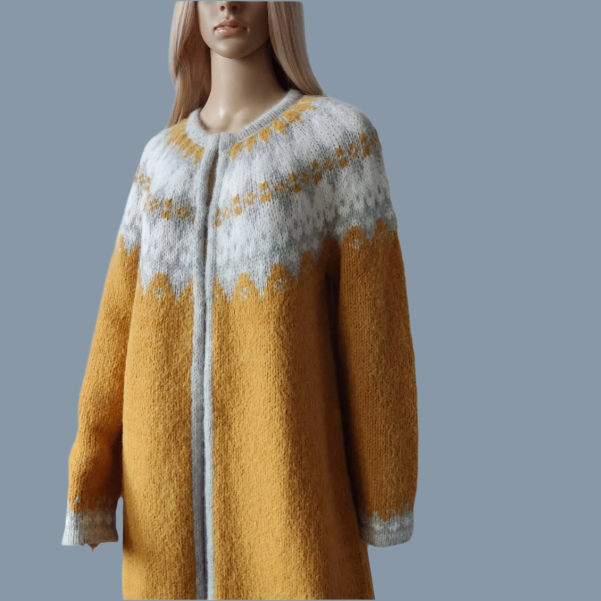 A mustard yellow and gray patterned sweater Jacket with Frog Snaps Closure