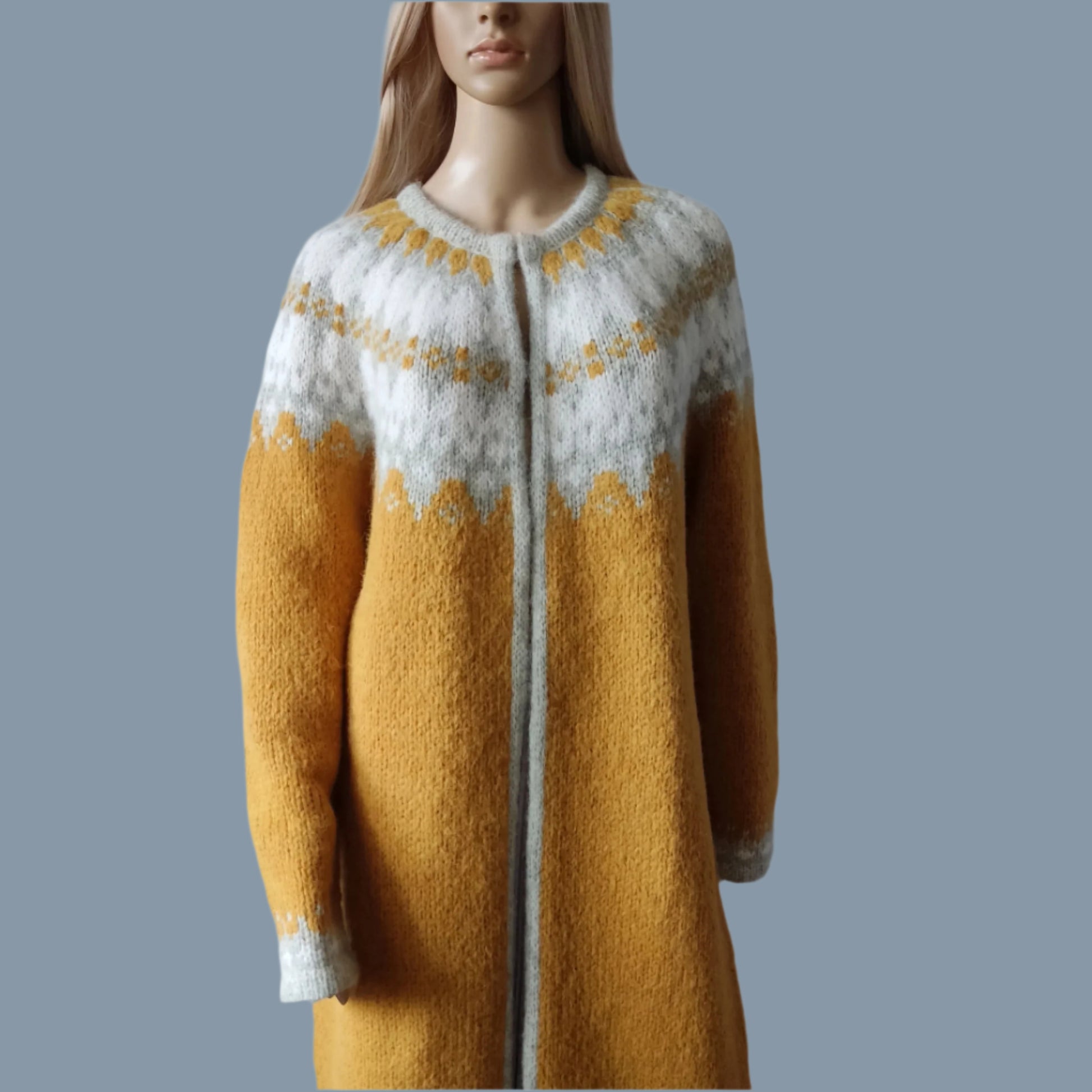 A mustard yellow and gray patterned sweater Jacket with Frog Snaps Closure