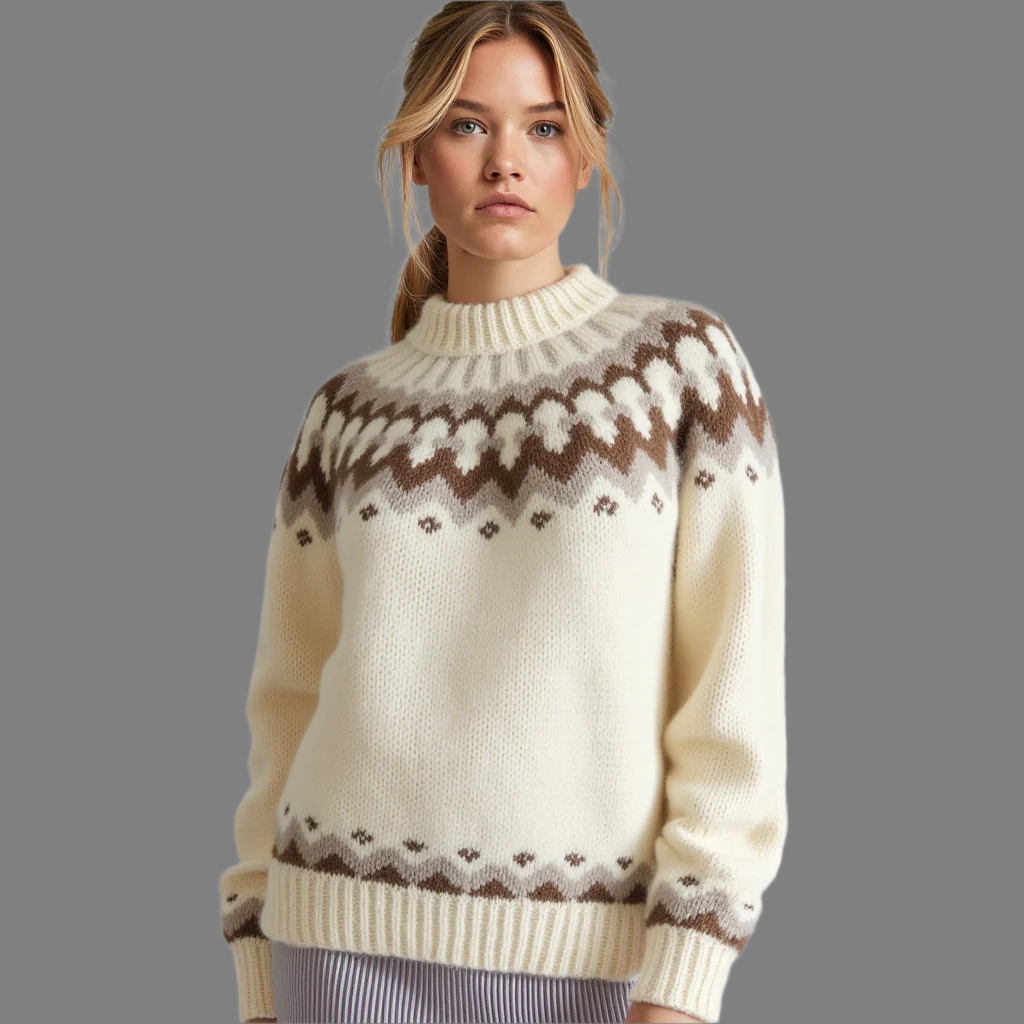 Hand-knitted white oversized unisex Scandinavian Lopapeysa sweater with a chunky-knit brown and beige Nordic round yoke, featuring a double crew neck, white ribbed cuffs, and hem, made from soft hypoallergenic baby alpaca and merino wool.