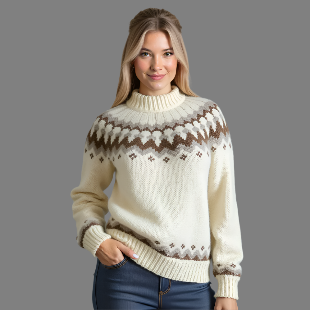 Hand-knitted white oversized unisex Scandinavian Lopapeysa sweater with a chunky-knit brown and beige Nordic round yoke, featuring a double crew neck, white ribbed cuffs, and hem, made from soft hypoallergenic baby alpaca and merino wool.