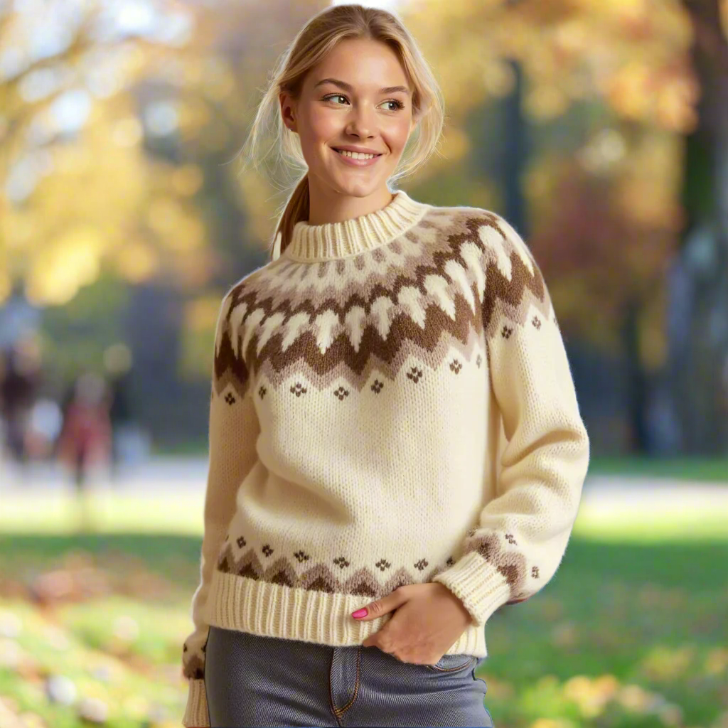 Hand-knitted white oversized unisex Scandinavian Lopapeysa sweater with a chunky-knit brown and beige Nordic round yoke, featuring a double crew neck, white ribbed cuffs, and hem, made from soft hypoallergenic baby alpaca and merino wool.
