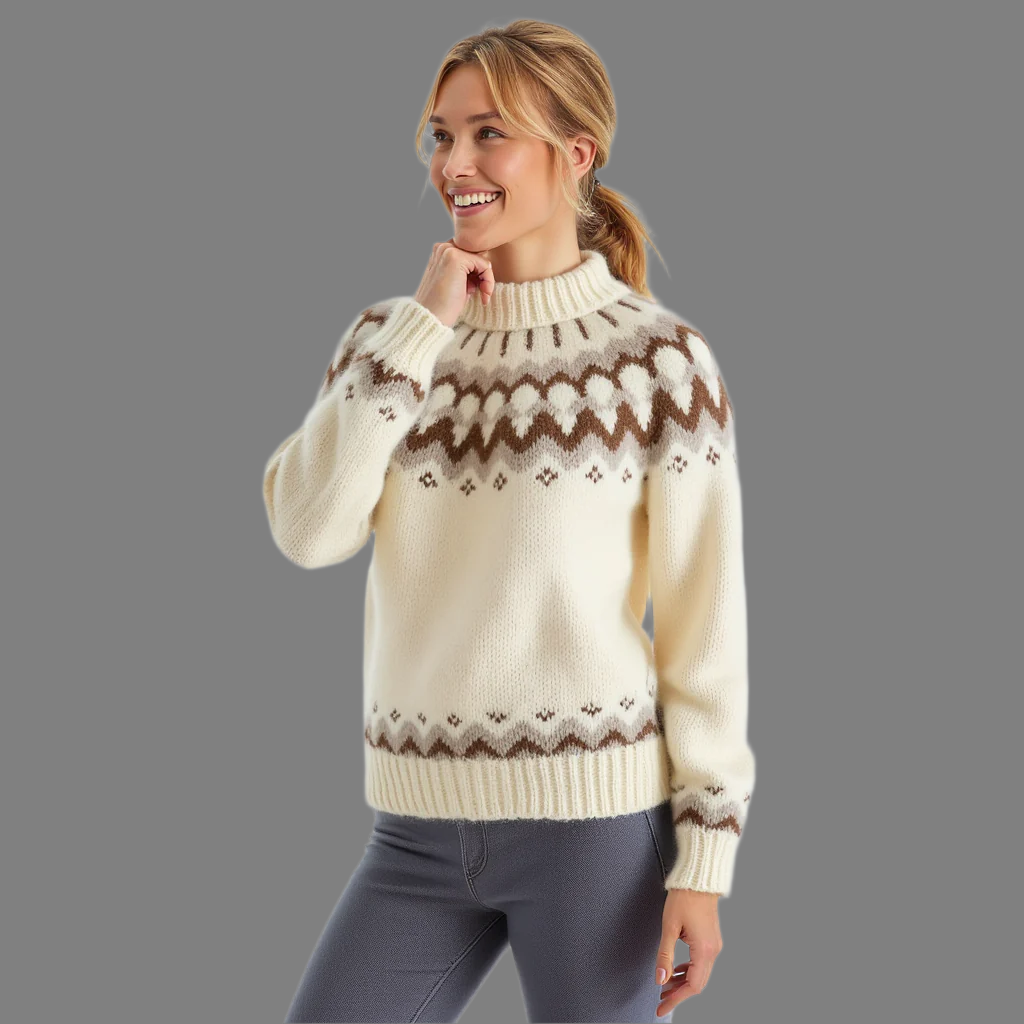 Hand-knitted white oversized unisex Scandinavian Lopapeysa sweater with a chunky-knit brown and beige Nordic round yoke, featuring a double crew neck, white ribbed cuffs, and hem, made from soft hypoallergenic baby alpaca and merino wool.