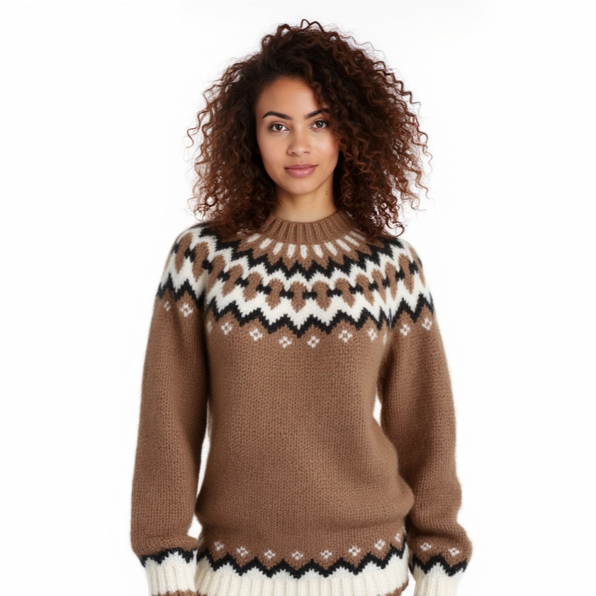 Hand-knitted camel oversized unisex Scandinavian Lopapeysa sweater with a chunky-knit white and dark brown Nordic round yoke, featuring a double crew neck, ribbed cuffs, and hem, made from soft hypoallergenic baby alpaca and merino wool.