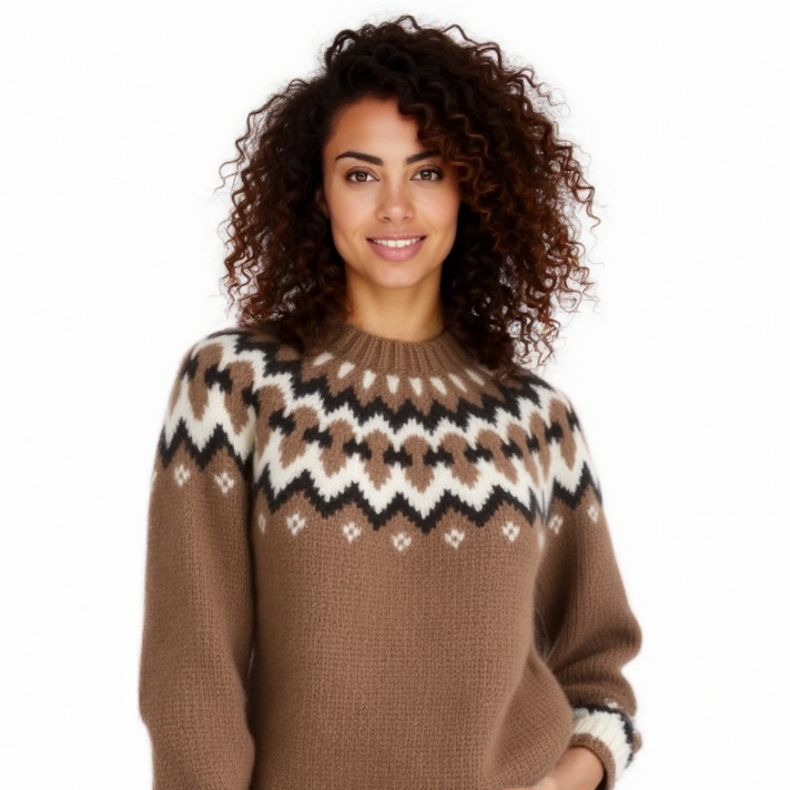 Hand-knitted camel oversized unisex Scandinavian Lopapeysa sweater with a chunky-knit white and dark brown Nordic round yoke, featuring a double crew neck, ribbed cuffs, and hem, made from soft hypoallergenic baby alpaca and merino wool.