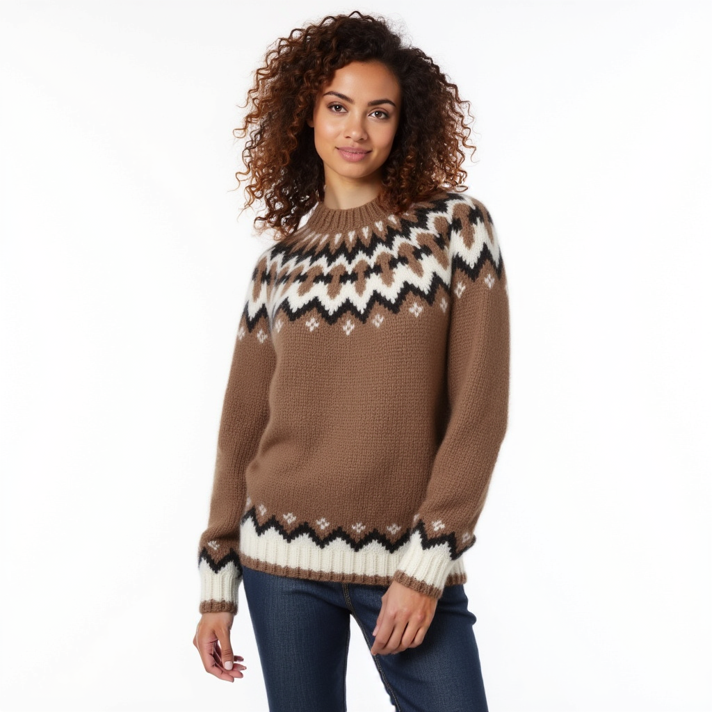 Hand-knitted camel oversized unisex Scandinavian Lopapeysa sweater with a chunky-knit white and dark brown Nordic round yoke, featuring a double crew neck, ribbed cuffs, and hem, made from soft hypoallergenic baby alpaca and merino wool.