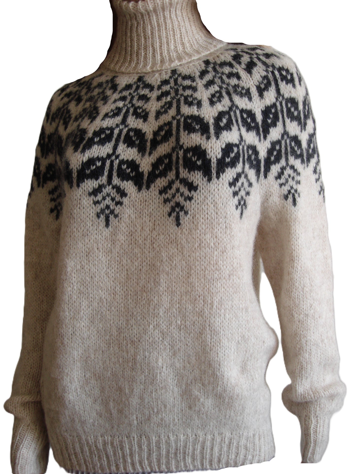 Beige sweater with black pattern on a white background