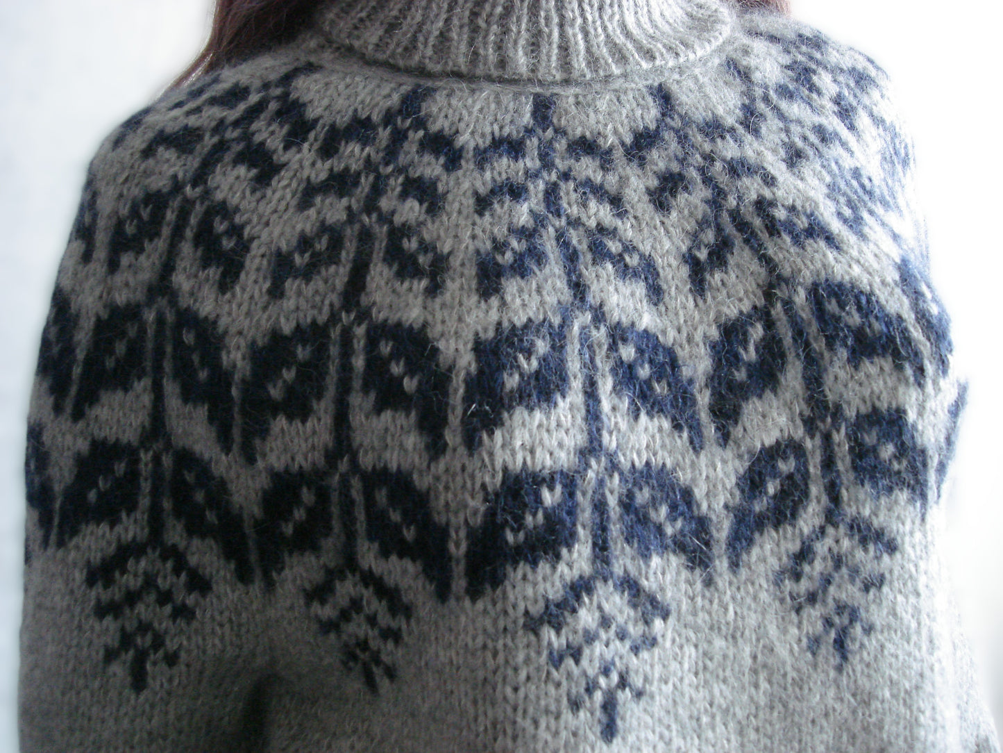 Close-up of a person wearing a patterned sweater with a white background
