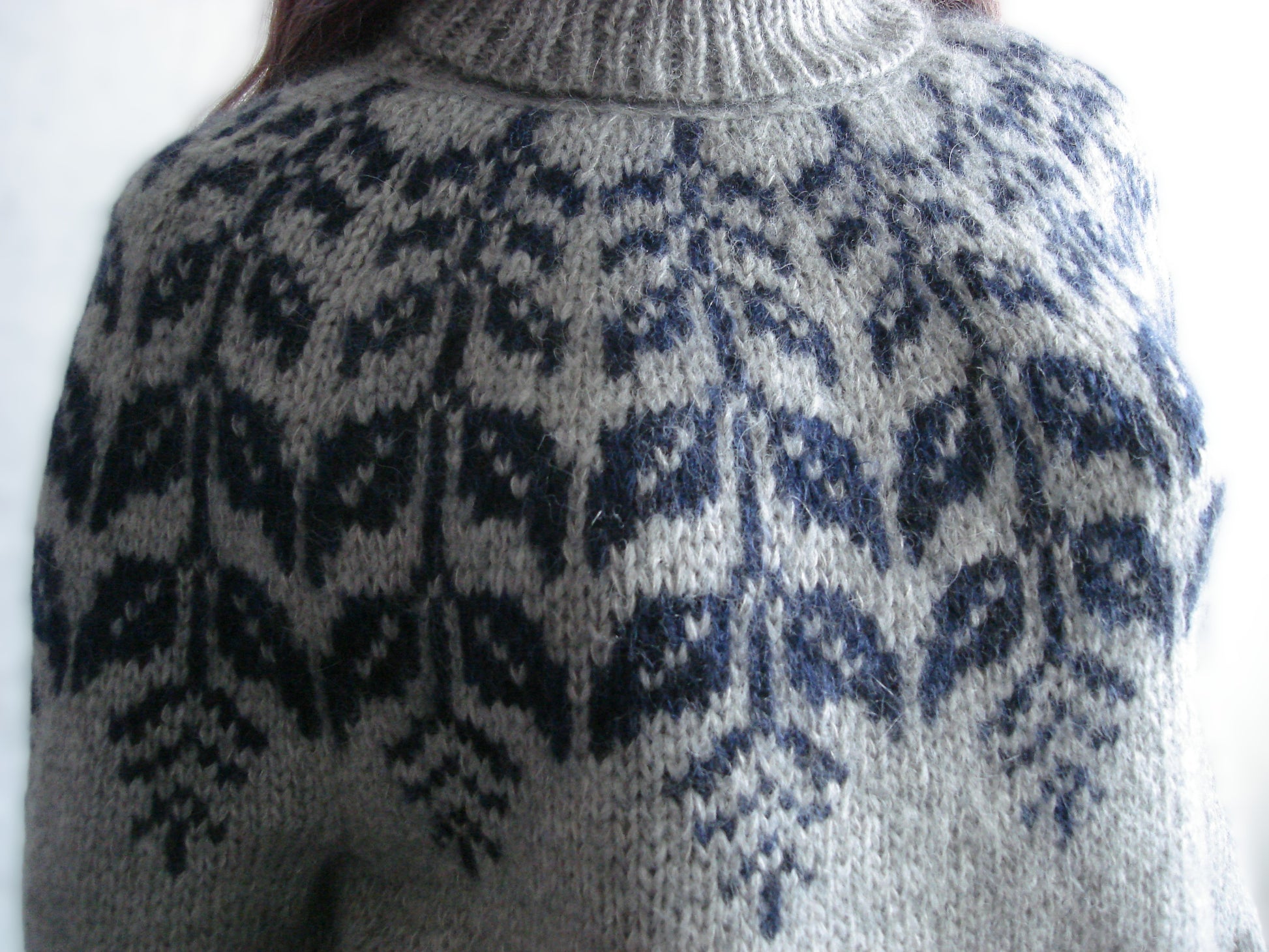 Close-up of a person wearing a patterned sweater with a white background