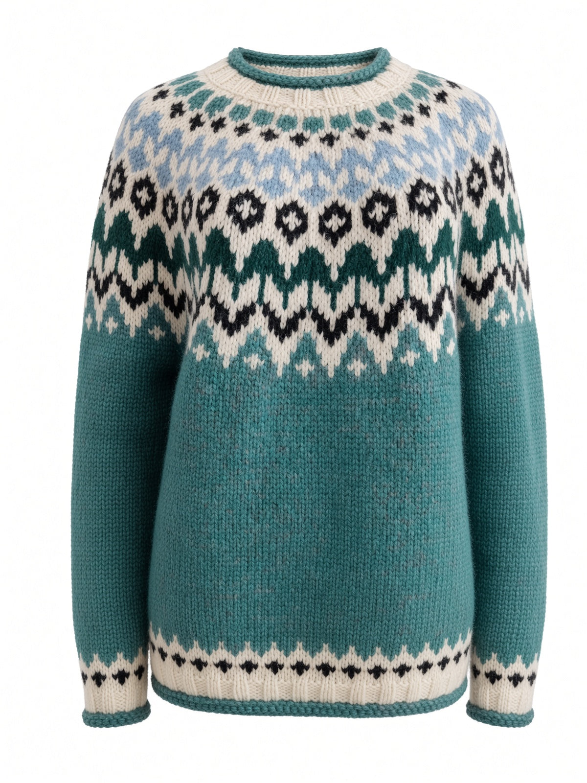 A teal green Fair Isle knit sweater with a cream, light blue, and black pattern across the chest and shoulders, shown on a plain white background.