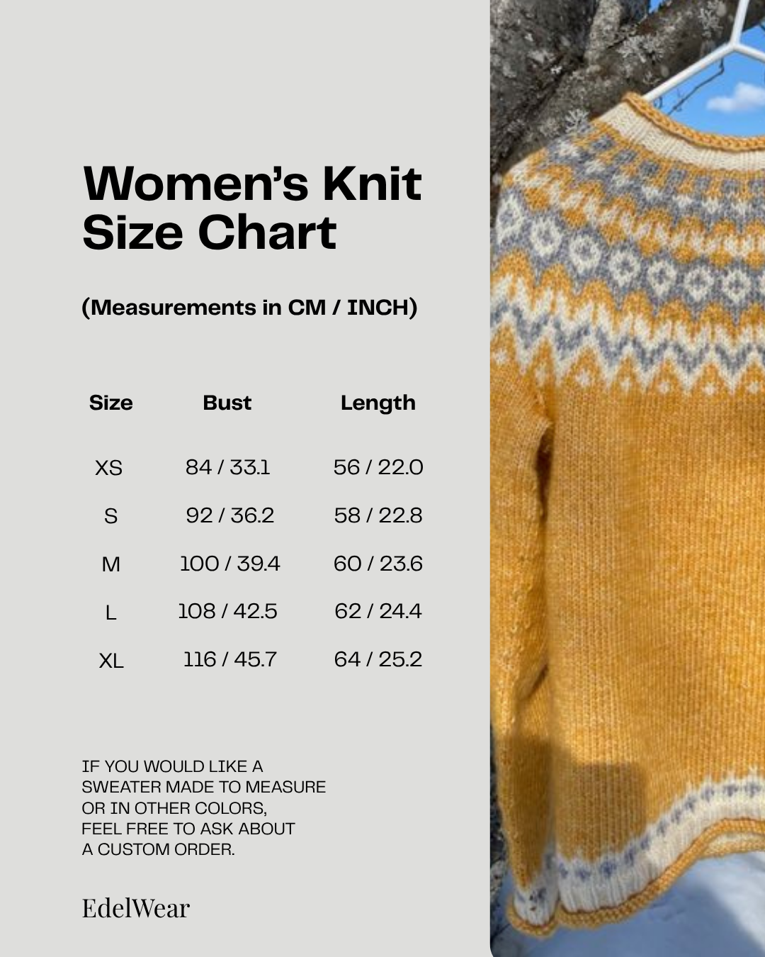 A women's knit size chart graphic for EdelWear, showing a measurement table from XS to XL with bust and length measurements in CM and INCH. The right side includes a photo of a mustard yellow and gray patterned knit sweater hanging on a tree branch.