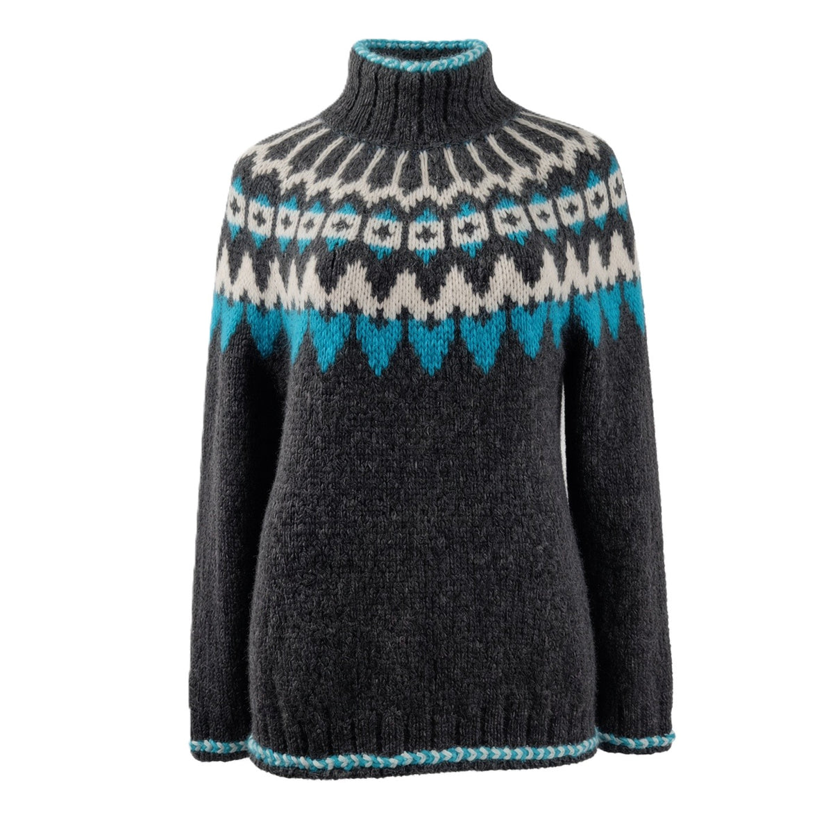 A dark gray knit turtleneck sweater with a classic Fair Isle pattern across the chest in cream and turquoise blue, shown against a plain white background.