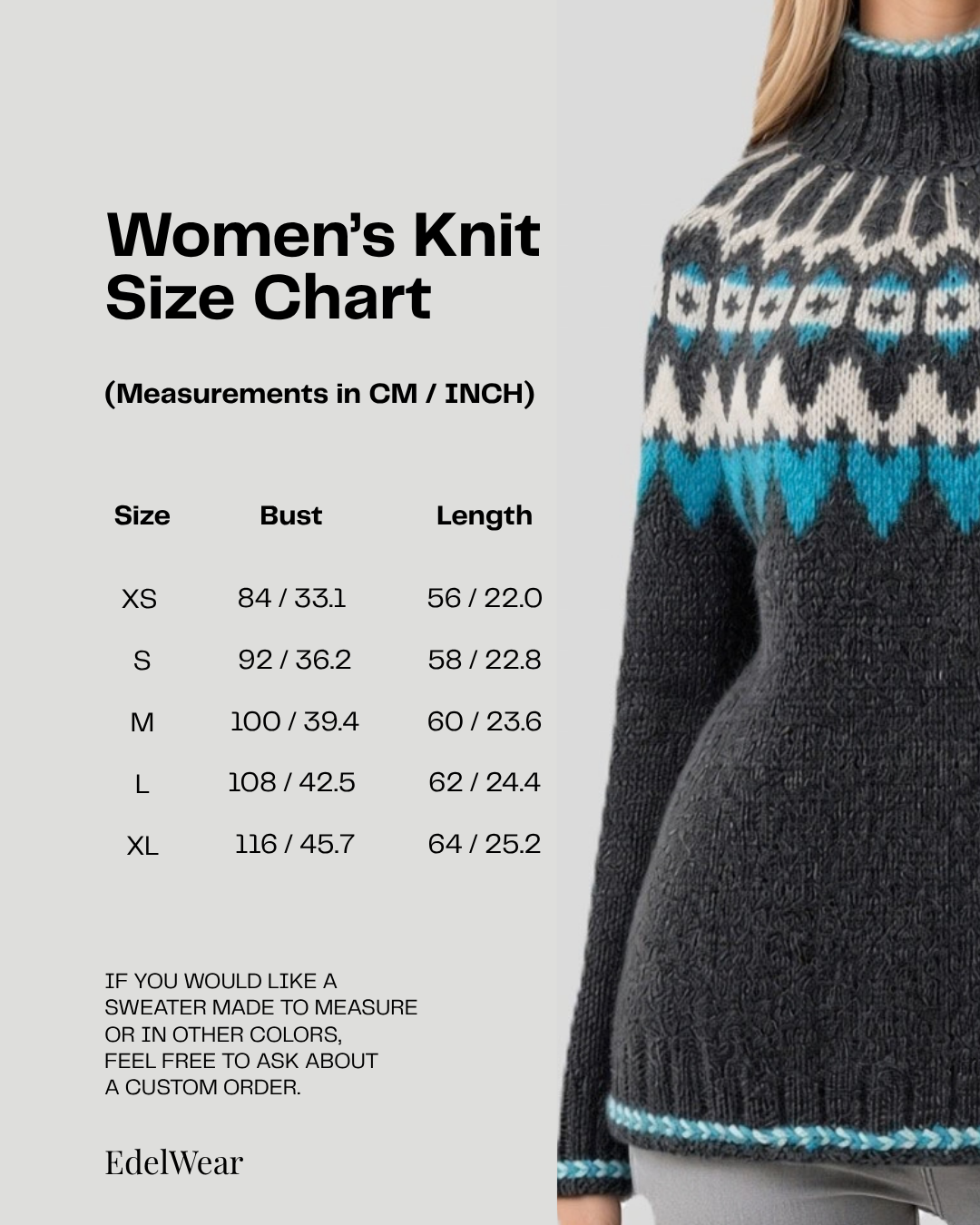 A women's knit sweater size chart graphic from EdelWear, showing a partial model wearing a dark gray Fair Isle knit turtleneck with blue and cream patterns, alongside a measurement table in CM and INCH.