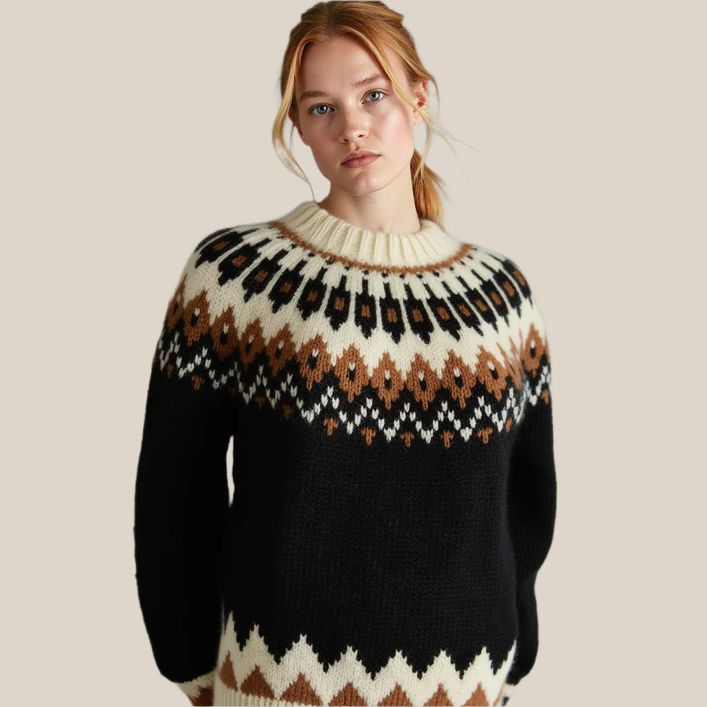 Hand-knitted black oversized unisex Scandinavian Lopapeysa sweater with a Nordic round yoke in white and taupe, featuring white ribbed cuffs, collar, made from soft hypoallergenic baby alpaca and merino wool.
