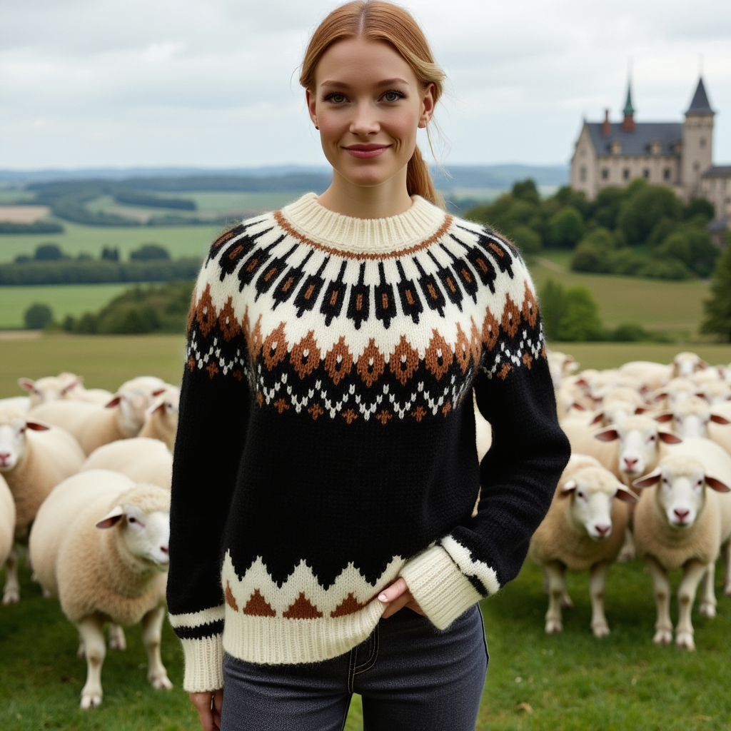 Hand-knitted black oversized unisex Scandinavian Lopapeysa sweater with a Nordic round yoke in white and taupe, featuring white ribbed cuffs, collar, made from soft hypoallergenic baby alpaca and merino wool.