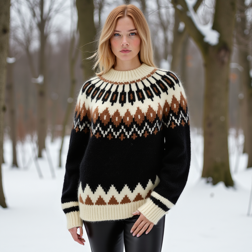 Hand-knitted black oversized unisex Scandinavian Lopapeysa sweater with a Nordic round yoke in white and taupe, featuring white ribbed cuffs, collar, made from soft hypoallergenic baby alpaca and merino wool.
