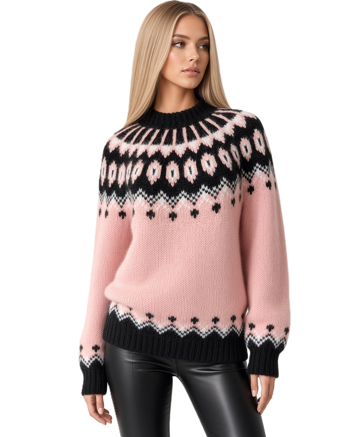 A woman modeling a pink knit sweater with a black and white Fair Isle pattern across the yoke, cuffs, and hem, paired with black pants, on a solid white background.