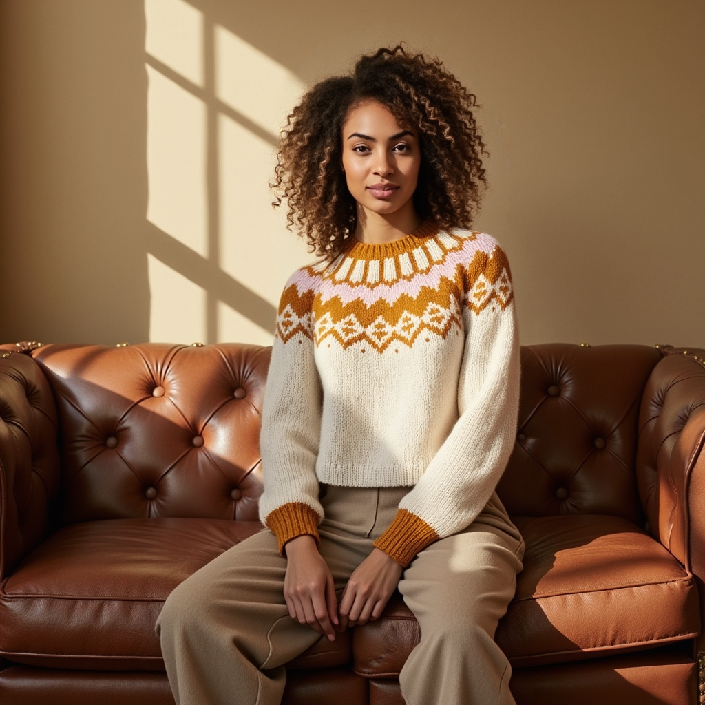 Hand-knitted creamy white Scandinavian Lopapeysa sweater with a Nordic round yoke in orange and light rose, featuring orange ribbed cuffs, collar, made from soft hypoallergenic baby alpaca and merino wool.