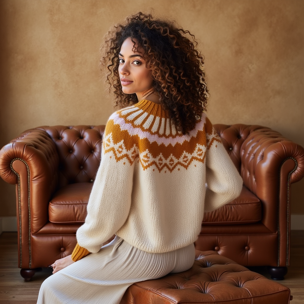 Hand-knitted creamy white Scandinavian Lopapeysa sweater with a Nordic round yoke in orange and light rose, featuring orange ribbed cuffs, collar, made from soft hypoallergenic baby alpaca and merino wool.