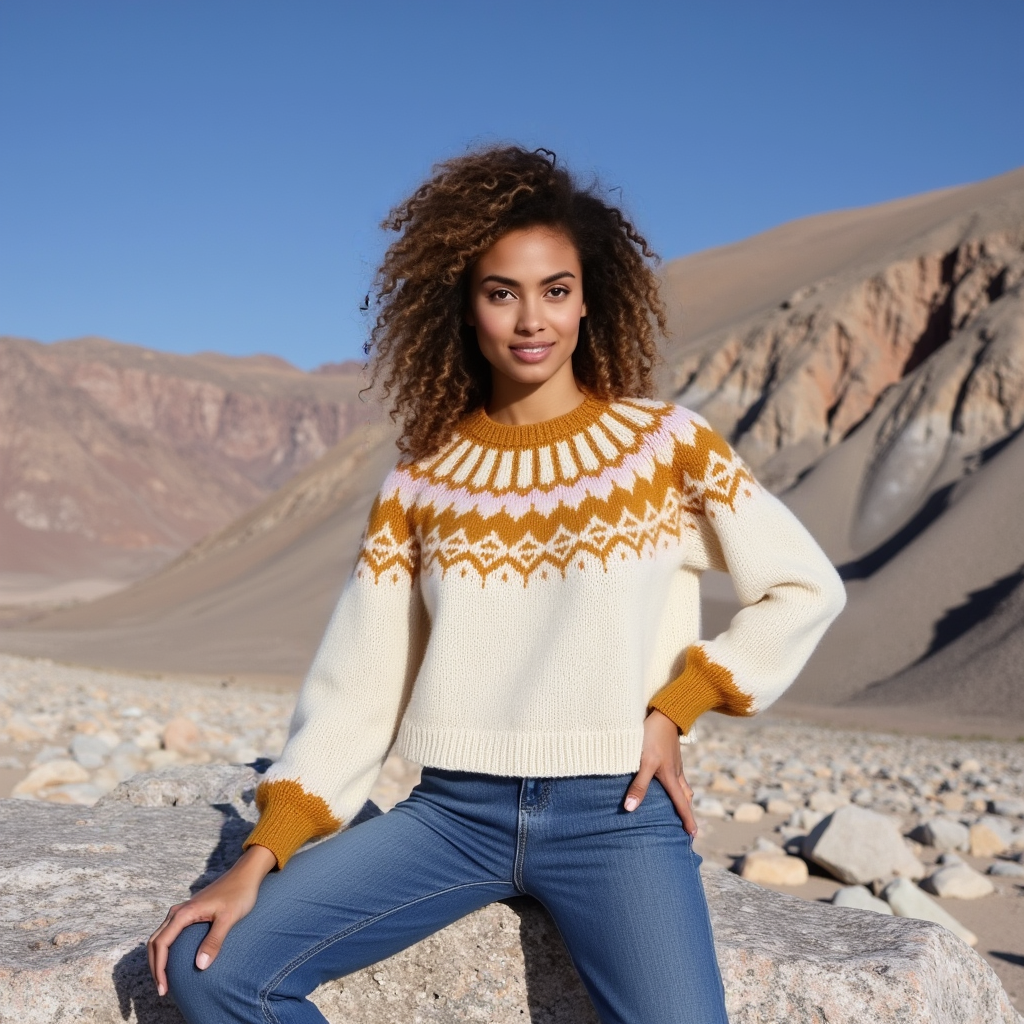 Hand-knitted creamy white Scandinavian Lopapeysa sweater with a Nordic round yoke in orange and light rose, featuring orange ribbed cuffs, collar, made from soft hypoallergenic baby alpaca and merino wool.