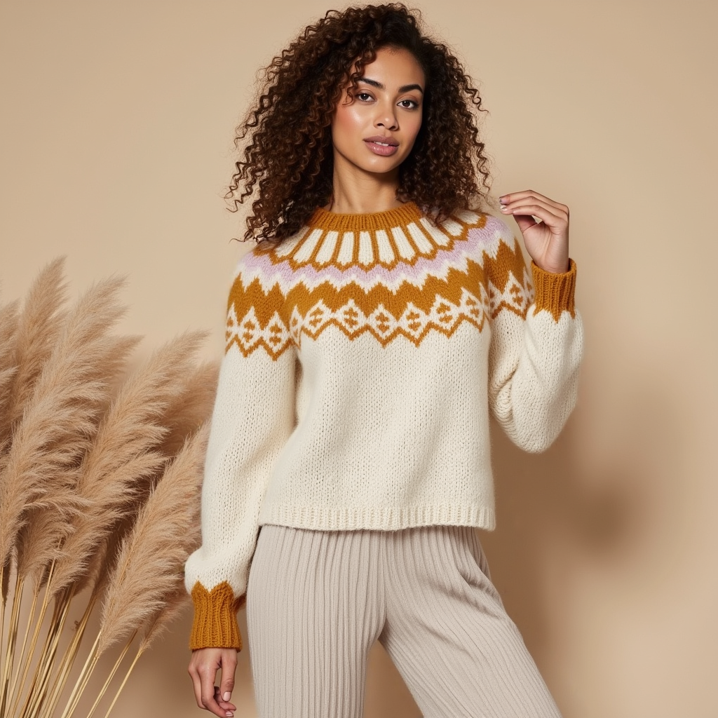 Hand-knitted creamy white Scandinavian Lopapeysa sweater with a Nordic round yoke in orange and light rose, featuring orange ribbed cuffs, collar, made from soft hypoallergenic baby alpaca and merino wool.