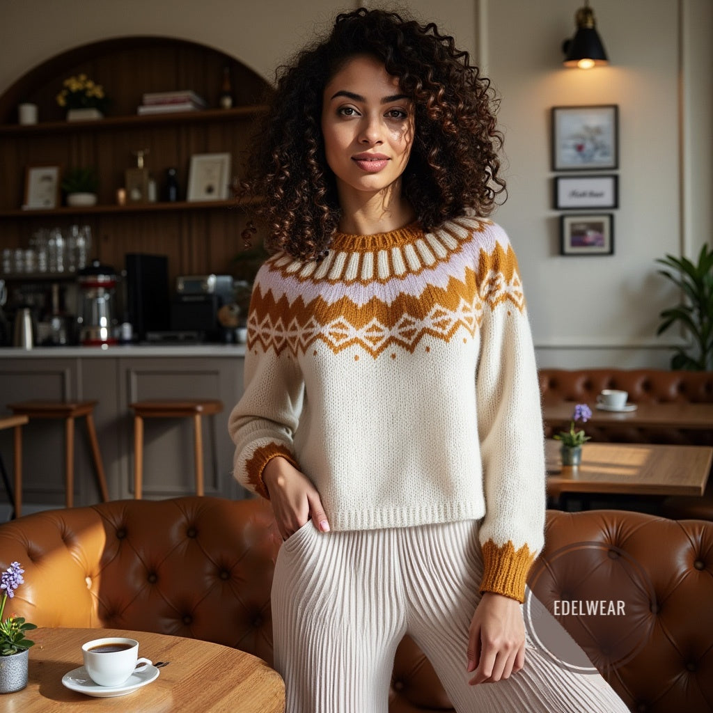 Hand-knitted creamy white Scandinavian Lopapeysa sweater with a Nordic round yoke in orange and light rose, featuring orange ribbed cuffs, collar, made from soft hypoallergenic baby alpaca and merino wool.