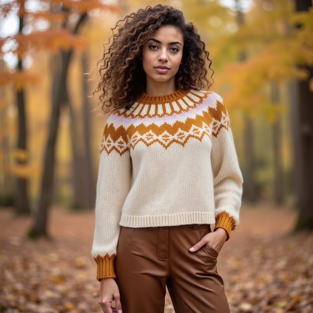 Hand-knitted creamy white Scandinavian Lopapeysa sweater with a Nordic round yoke in orange and light rose, featuring orange ribbed cuffs, collar, made from soft hypoallergenic baby alpaca and merino wool.