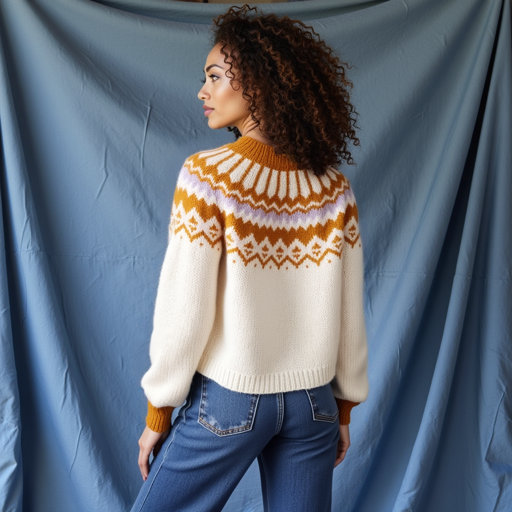 Hand-knitted creamy white Scandinavian Lopapeysa sweater with a Nordic round yoke in orange and light rose, featuring orange ribbed cuffs, collar, made from soft hypoallergenic baby alpaca and merino wool.