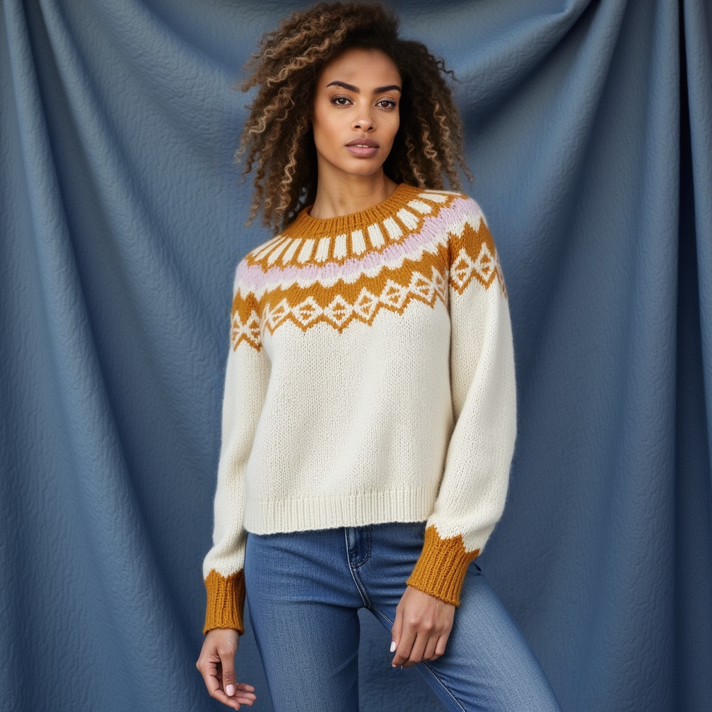 Hand-knitted creamy white Scandinavian Lopapeysa sweater with a Nordic round yoke in orange and light rose, featuring orange ribbed cuffs, collar, made from soft hypoallergenic baby alpaca and merino wool.