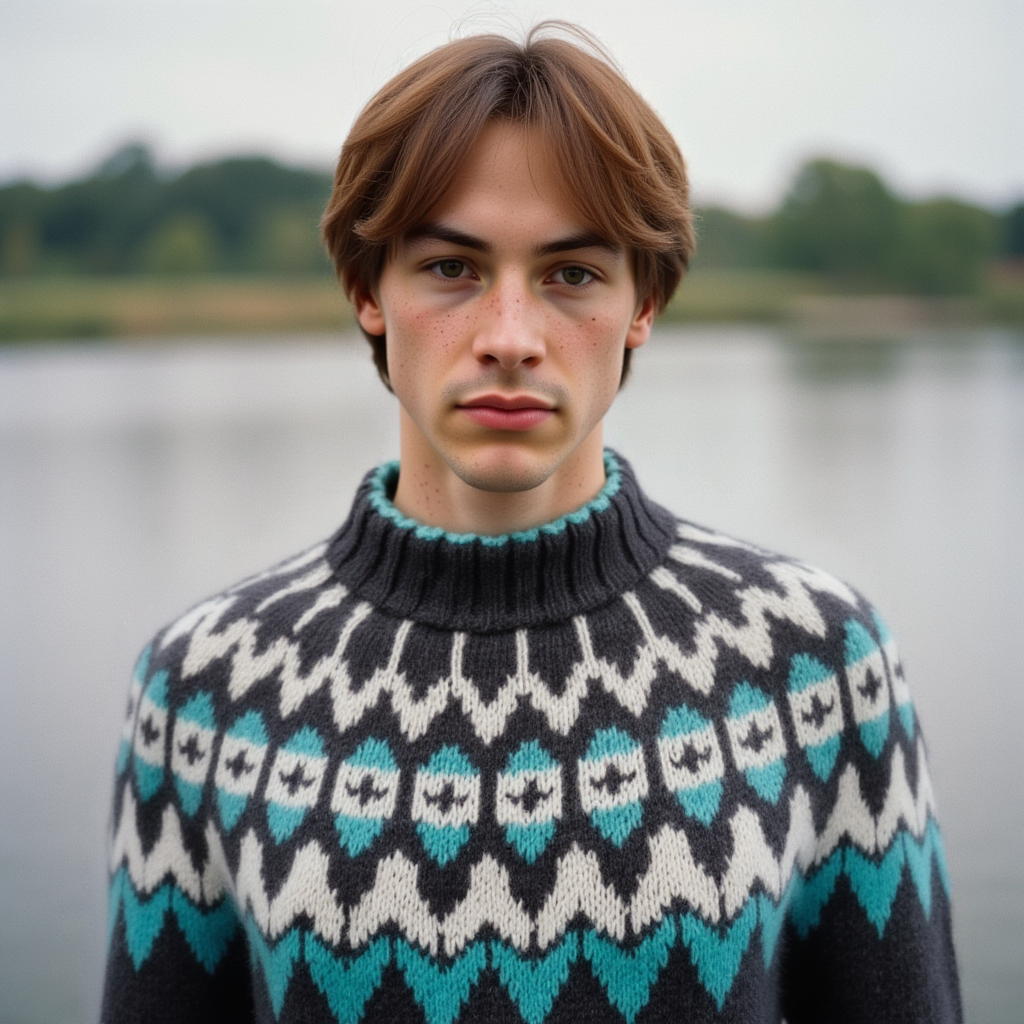 Hand-knitted gray unisex Scandinavian Lopapeysa sweater with a thick-knit white and teal green Nordic round yoke, featuring a double mock collar, cuffs, and hem with a two-tone white-teal knitted cord, made from soft hypoallergenic baby alpaca and merino wool.